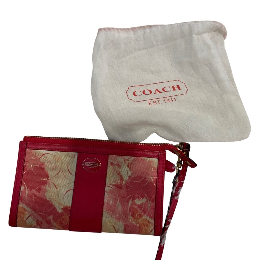 Coach Floral Signature Canvas Wristlet Pink Orange Small Excellent Zip Wallet - Picture 5 of 5